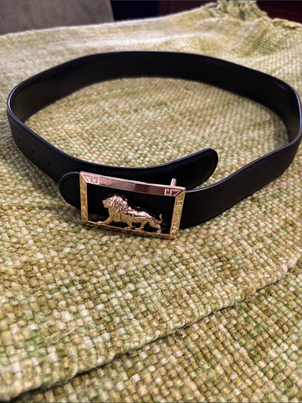 Source Unknown Black Belt with Gold Lion-Frame Buckle